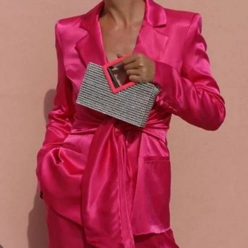 New Zara Pink Satin One Button Structured Tie Sash Front Blazer - Picture 7 of 16